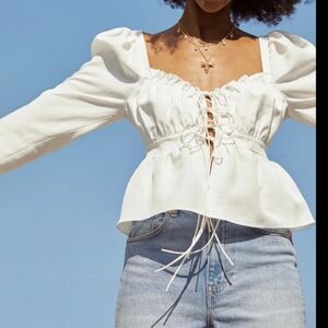 H&M Brock Collection lyocell linen blend white tie blouse top